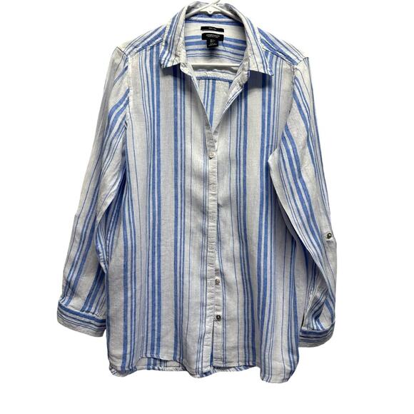 Woman Striped Linen Button Up Tunic Shirt White Blue L Jones New York Classy - Picture 1 of 9